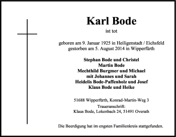 Anzeige von Karl Bode von Kölner Stadt-Anzeiger / Kölnische Rundschau / Express