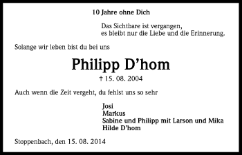 Anzeige von Philipp D´hom von Kölner Stadt-Anzeiger / Kölnische Rundschau / Express