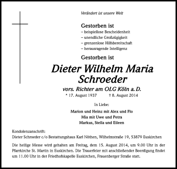 Anzeige von Dieter Wilhelm Maria Schroeder von Kölner Stadt-Anzeiger / Kölnische Rundschau / Express