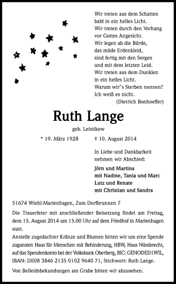 Anzeige von Ruth Lange von Kölner Stadt-Anzeiger / Kölnische Rundschau / Express
