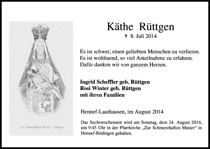  Traueranzeige für Käthe Rüttgen vom 16.08.2014 aus Kölner Stadt-Anzeiger / Kölnische Rundschau / Express
