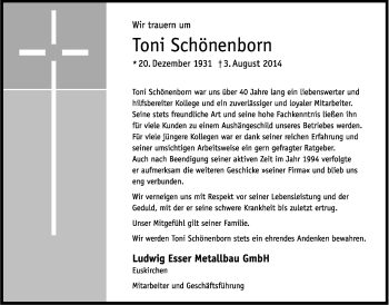 Anzeige von Toni Schönenborn von Kölner Stadt-Anzeiger / Kölnische Rundschau / Express