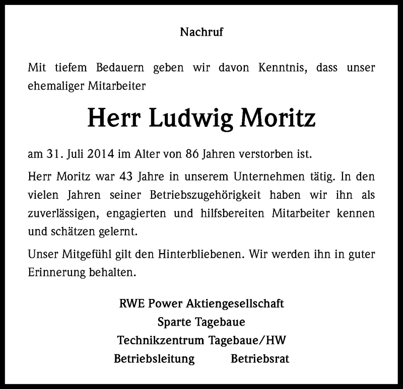  Traueranzeige für Ludwig Moritz vom 13.08.2014 aus Kölner Stadt-Anzeiger / Kölnische Rundschau / Express