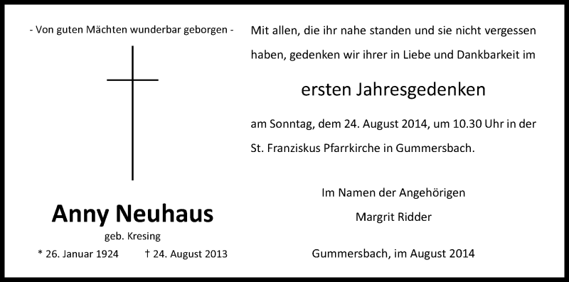  Traueranzeige für Anny Neuhaus vom 16.08.2014 aus Kölner Stadt-Anzeiger / Kölnische Rundschau / Express