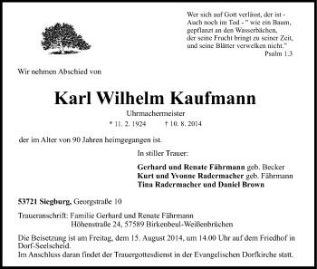 Anzeige von Karl Wilhelm Kaufmann von Kölner Stadt-Anzeiger / Kölnische Rundschau / Express