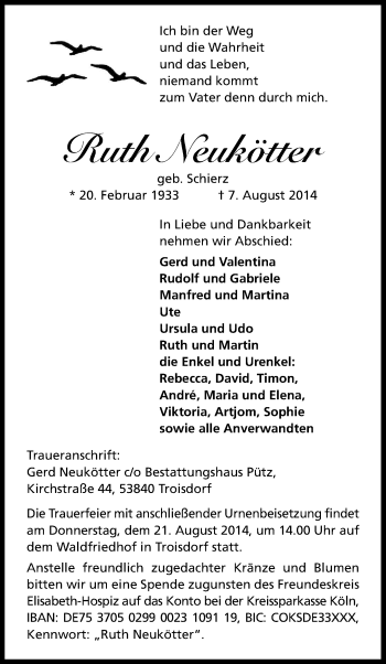 Anzeige von Ruth Neukötter von Kölner Stadt-Anzeiger / Kölnische Rundschau / Express