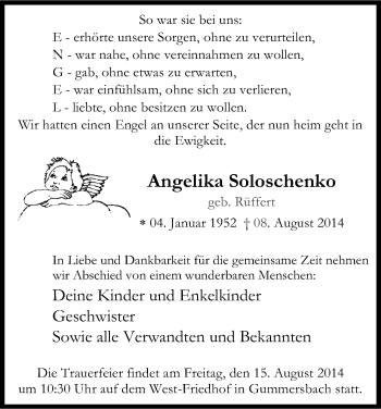 Anzeige von Angelika Soloschenko von Kölner Stadt-Anzeiger / Kölnische Rundschau / Express