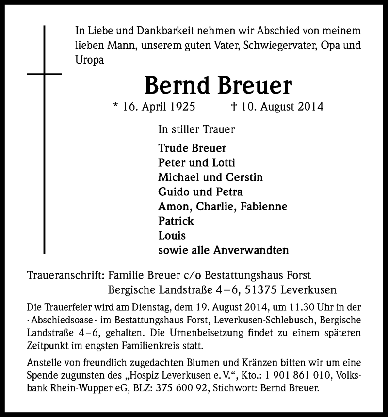  Traueranzeige für Bernd Breuer vom 14.08.2014 aus Kölner Stadt-Anzeiger / Kölnische Rundschau / Express