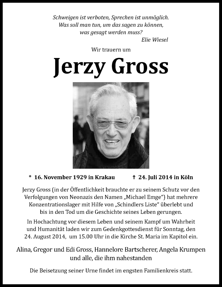  Traueranzeige für Jerzy Gross vom 15.08.2014 aus Kölner Stadt-Anzeiger / Kölnische Rundschau / Express