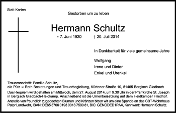 Anzeige von Hermann Schultz von Kölner Stadt-Anzeiger / Kölnische Rundschau / Express