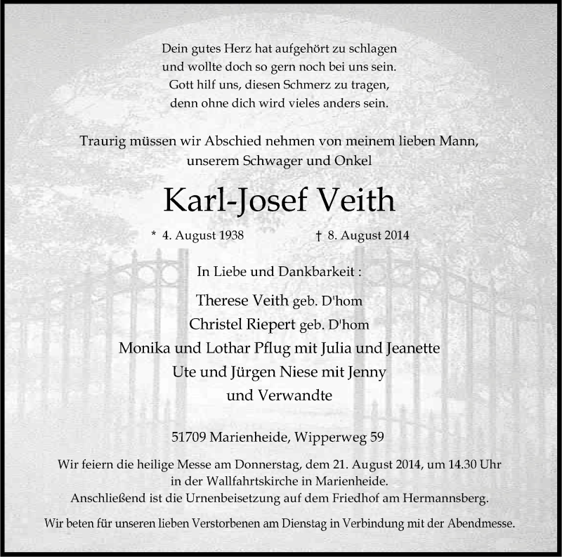  Traueranzeige für Karl-Josef Veith vom 14.08.2014 aus Kölner Stadt-Anzeiger / Kölnische Rundschau / Express