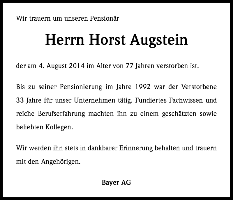  Traueranzeige für Horst Augstein vom 13.08.2014 aus Kölner Stadt-Anzeiger / Kölnische Rundschau / Express
