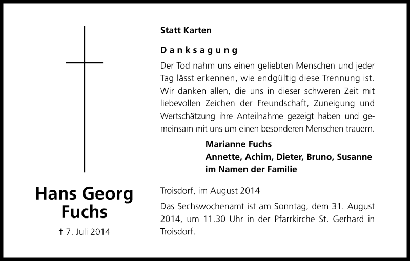  Traueranzeige für Hans Georg Fuchs vom 16.08.2014 aus Kölner Stadt-Anzeiger / Kölnische Rundschau / Express