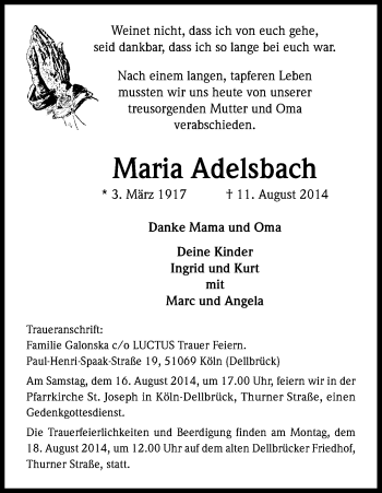 Anzeige von Maria Adelsbach von Kölner Stadt-Anzeiger / Kölnische Rundschau / Express
