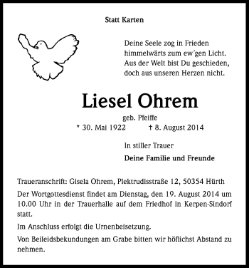 Anzeige von Liesel Ohrem von Kölner Stadt-Anzeiger / Kölnische Rundschau / Express