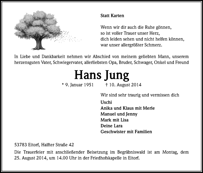  Traueranzeige für Hans Jung vom 16.08.2014 aus Kölner Stadt-Anzeiger / Kölnische Rundschau / Express