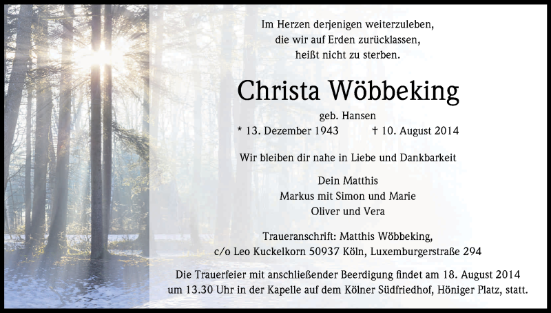  Traueranzeige für Christa Wöbbeking vom 16.08.2014 aus Kölner Stadt-Anzeiger / Kölnische Rundschau / Express