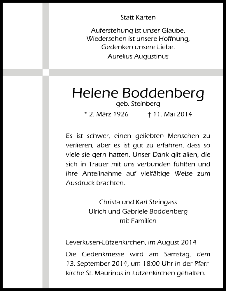  Traueranzeige für Helene Boddenberg vom 23.08.2014 aus Kölner Stadt-Anzeiger / Kölnische Rundschau / Express
