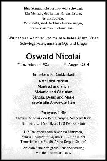 Anzeige von Oswald Nicolai von Kölner Stadt-Anzeiger / Kölnische Rundschau / Express