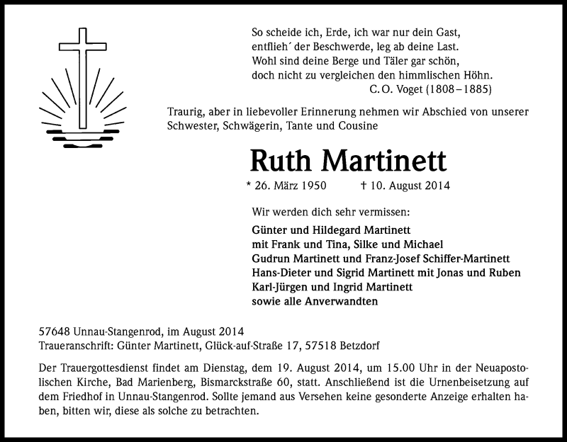  Traueranzeige für Ruth Martinett vom 16.08.2014 aus Kölner Stadt-Anzeiger / Kölnische Rundschau / Express