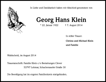 Anzeige von Georg Hans Klein von Kölner Stadt-Anzeiger / Kölnische Rundschau / Express