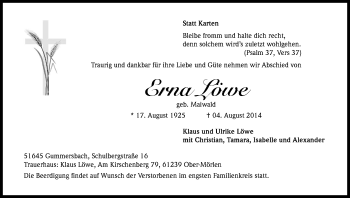 Anzeige von Erna Löwe von Kölner Stadt-Anzeiger / Kölnische Rundschau / Express