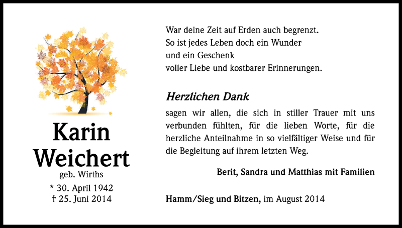  Traueranzeige für Karin Weichert vom 16.08.2014 aus Kölner Stadt-Anzeiger / Kölnische Rundschau / Express