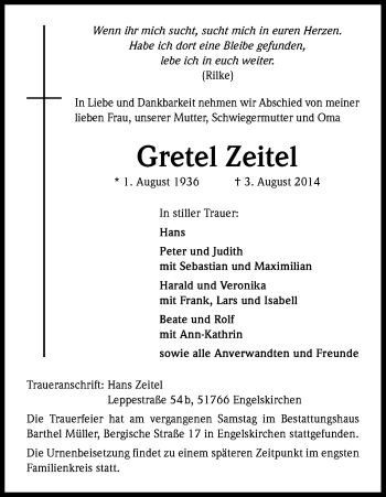 Anzeige von Gretel Zeitel von Kölner Stadt-Anzeiger / Kölnische Rundschau / Express