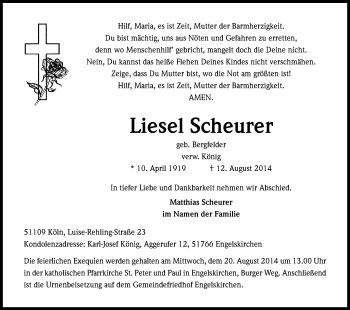 Anzeige von Liesel Scheurer von Kölner Stadt-Anzeiger / Kölnische Rundschau / Express