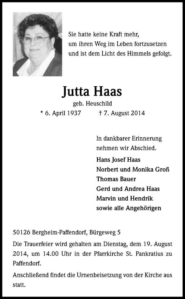  Traueranzeige für Jutta Haas vom 16.08.2014 aus Kölner Stadt-Anzeiger / Kölnische Rundschau / Express