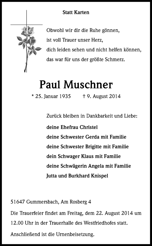  Traueranzeige für Paul Muschner vom 16.08.2014 aus Kölner Stadt-Anzeiger / Kölnische Rundschau / Express
