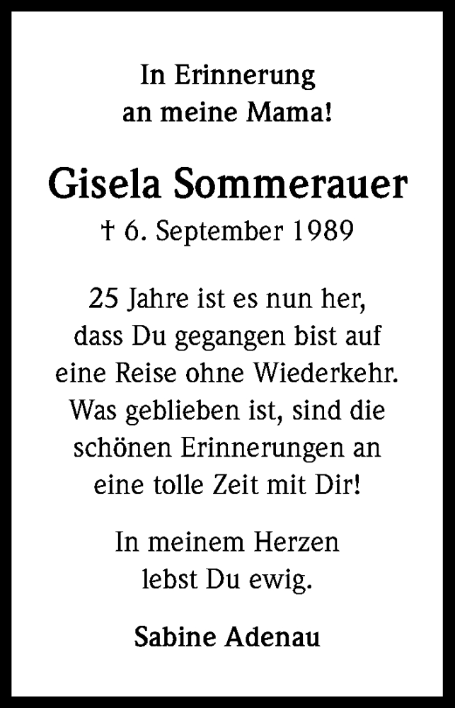  Traueranzeige für Gisela Sommerauer vom 06.09.2014 aus Kölner Stadt-Anzeiger / Kölnische Rundschau / Express