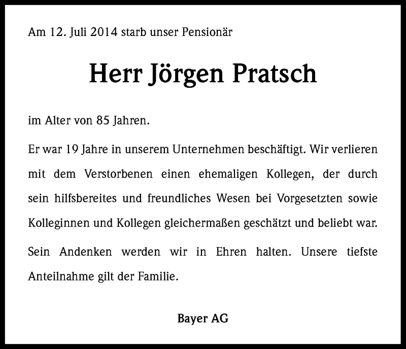  Traueranzeige für Jörgen Pratsch vom 14.08.2014 aus Kölner Stadt-Anzeiger / Kölnische Rundschau / Express