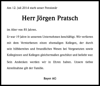 Anzeige von Jörgen Pratsch von Kölner Stadt-Anzeiger / Kölnische Rundschau / Express