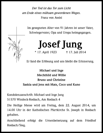 Anzeige von Josef Jung von Kölner Stadt-Anzeiger / Kölnische Rundschau / Express