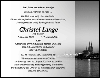 Anzeige von Christel Lange von Kölner Stadt-Anzeiger / Kölnische Rundschau / Express