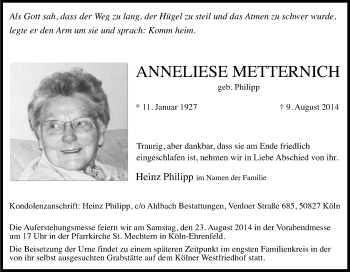 Anzeige von Anneliese Metternich von Kölner Stadt-Anzeiger / Kölnische Rundschau / Express
