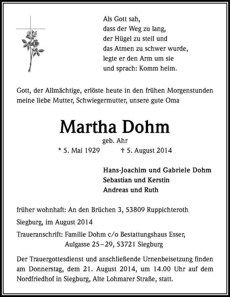  Traueranzeige für Martha Dohm vom 16.08.2014 aus Kölner Stadt-Anzeiger / Kölnische Rundschau / Express