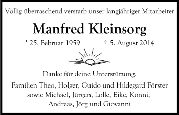 Anzeige von Manfred Kleinsorg von Kölner Stadt-Anzeiger / Kölnische Rundschau / Express