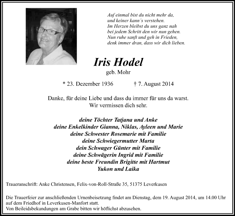  Traueranzeige für Iris Hodel vom 16.08.2014 aus Kölner Stadt-Anzeiger / Kölnische Rundschau / Express