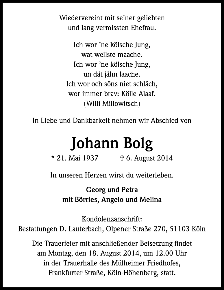 Traueranzeige für Johann Bolg vom 15.08.2014 aus Kölner Stadt-Anzeiger / Kölnische Rundschau / Express