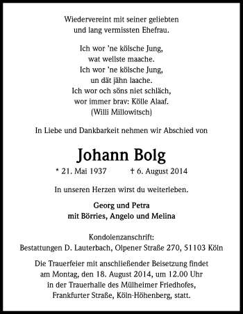 Anzeige von Johann Bolg von Kölner Stadt-Anzeiger / Kölnische Rundschau / Express