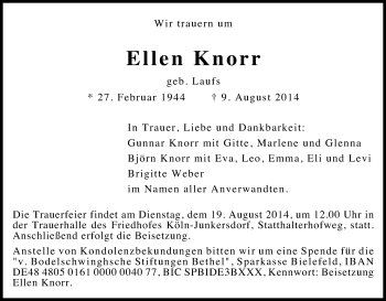 Anzeige von Ellen Knorr von Kölner Stadt-Anzeiger / Kölnische Rundschau / Express