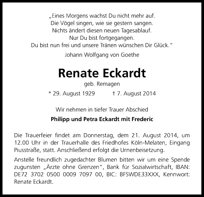  Traueranzeige für Renate Eckardt vom 16.08.2014 aus Kölner Stadt-Anzeiger / Kölnische Rundschau / Express
