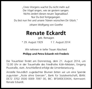 Anzeige von Renate Eckardt von Kölner Stadt-Anzeiger / Kölnische Rundschau / Express
