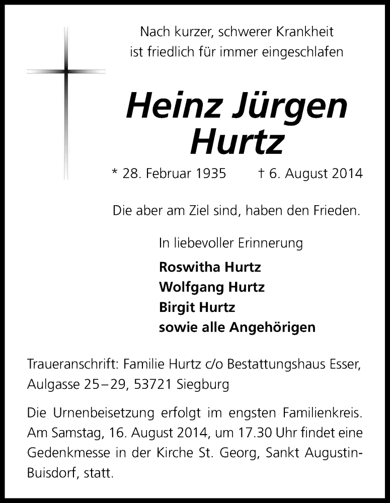  Traueranzeige für Heinz Jürgen Hurtz vom 14.08.2014 aus Kölner Stadt-Anzeiger / Kölnische Rundschau / Express
