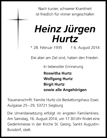 Anzeige von Heinz Jürgen Hurtz von Kölner Stadt-Anzeiger / Kölnische Rundschau / Express
