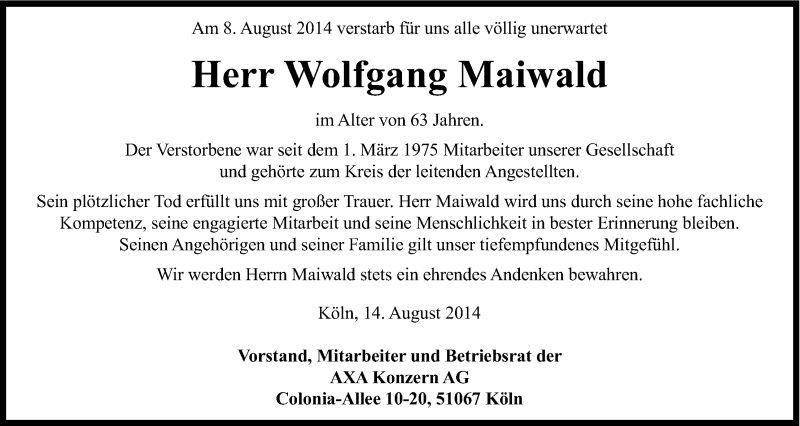  Traueranzeige für Wolfgang Maiwald vom 14.08.2014 aus Kölner Stadt-Anzeiger / Kölnische Rundschau / Express
