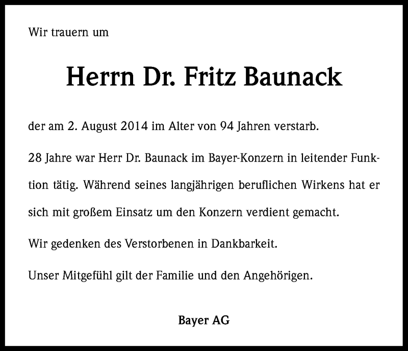  Traueranzeige für Fritz Baunack vom 14.08.2014 aus Kölner Stadt-Anzeiger / Kölnische Rundschau / Express