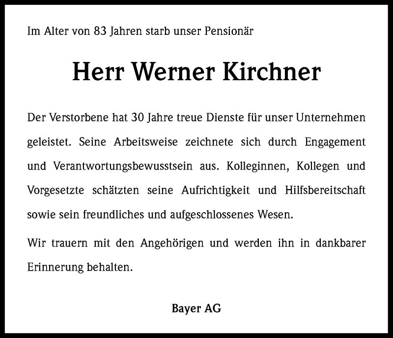  Traueranzeige für Werner Kirchner vom 14.08.2014 aus Kölner Stadt-Anzeiger / Kölnische Rundschau / Express
